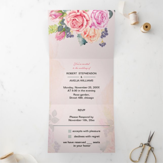 Invitación Tríptica Boda  elegante Rosa flor (Interior)