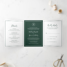 Invitación Tríptica Boda elegante tradicional de color verde bosque