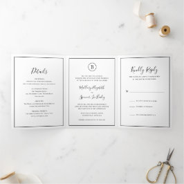 Invitación Tríptica Boda elegante tradicional en blanco y negro