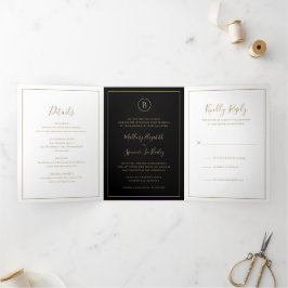 Invitación Tríptica Boda elegante tradicional en negro y dorado