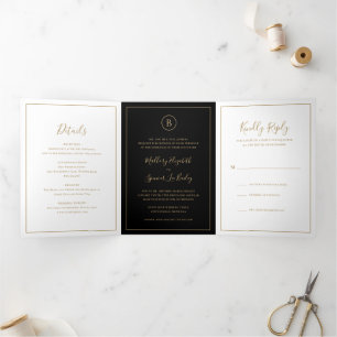 Invitación Tríptica Boda elegante tradicional en negro y dorado