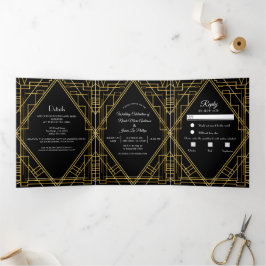 Invitación Tríptica Boda elegante trifold Deco negro oro 20's