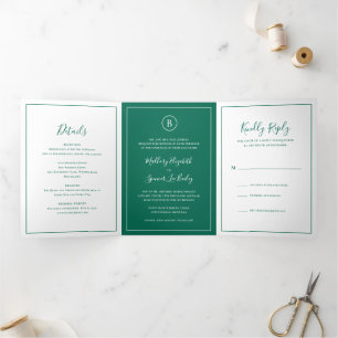 Invitación Tríptica Boda elegante verde esmeralda tradicional