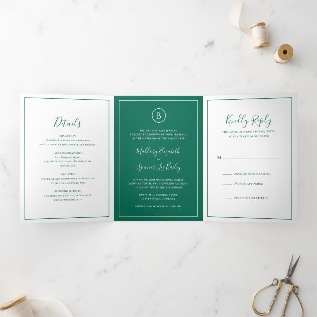 Invitación Tríptica Boda elegante verde esmeralda tradicional (Interior)