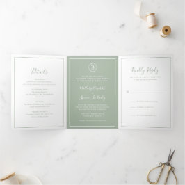 Invitación Tríptica Boda elegante verde salvia tradicional