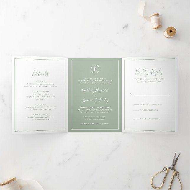 Invitación Tríptica Boda elegante verde salvia tradicional (Interior)
