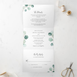 Invitación Tríptica Boda elegante y simple con vegetación de eucalipto
