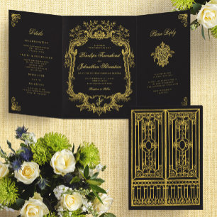 Invitación Tríptica Boda elegante y sombría de puerta vintage en negro