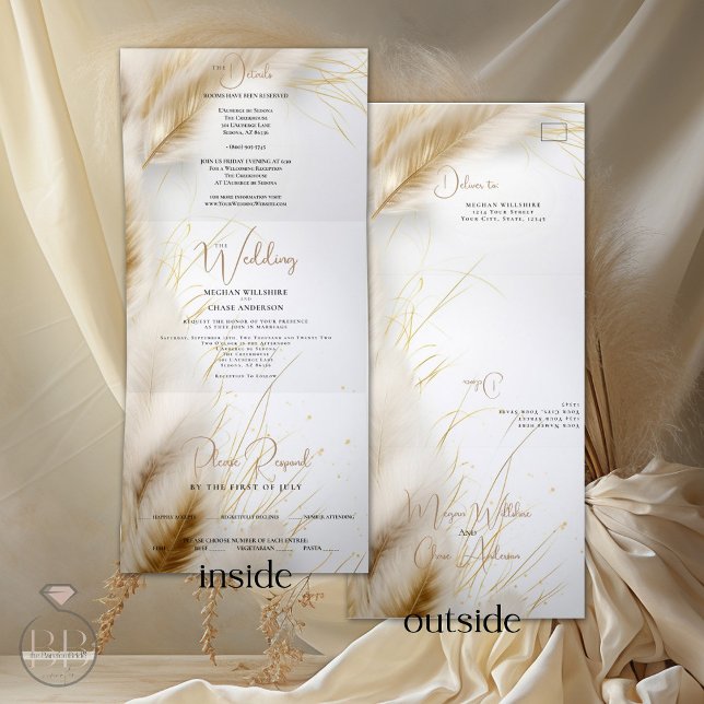 Invitación Tríptica Boda | Elegantes pampas de marfil y oro de Boho (Subido por el creador)