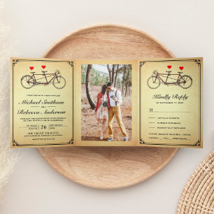 Invitación Tríptica Boda en bicicleta tándem rústica vintage foto