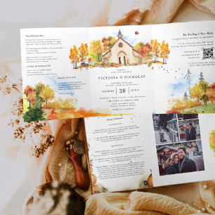 Invitación Tríptica Boda en capilla rústica de otoño