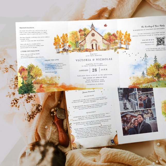 Invitación Tríptica Boda en capilla rústica de otoño (Subido por el creador)