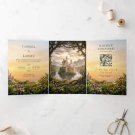 Invitación Tríptica Boda en el Castillo de la Isla Brumosa de Cuento d