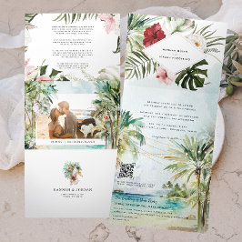 Invitación Tríptica Boda en la playa con palmeras tropicales