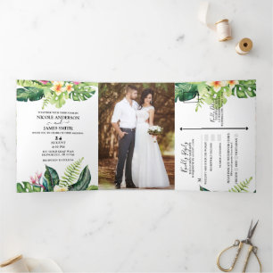 Invitación Tríptica Boda en la Playa de la Isla de Hojas y Flores Trop