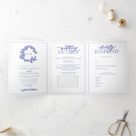 Invitación Tríptica Boda en monograma de Periwinkle Leafy Escudo