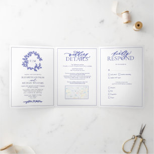 Invitación Tríptica Boda en monograma de Periwinkle Leafy Escudo
