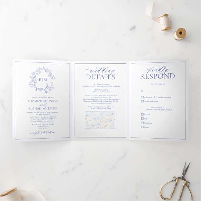Invitación Tríptica Boda en monograma de Periwinkle Leafy Escudo (Interior)
