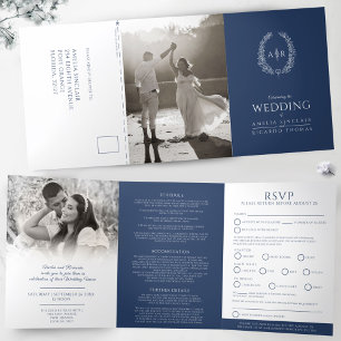 Invitación Tríptica Boda en monograma RSVP azul