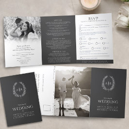 Invitación Tríptica Boda en monograma RSVP gris blanco