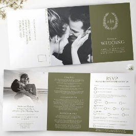 Invitación Tríptica Boda en monograma RSVP oliva verde blanco
