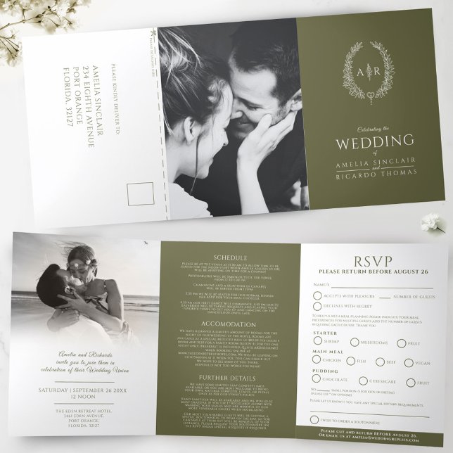 Invitación Tríptica Boda en monograma RSVP oliva verde blanco (Subido por el creador)