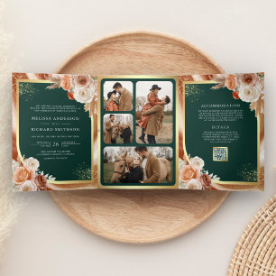 Invitación Tríptica Boda esmeralda dorada Pampas floral de terracota