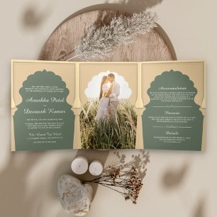 Invitación Tríptica Boda Étnica Boho India Marfil Verde Salvia Arco