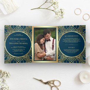 Invitación Tríptica Boda Étnica India Mandala Azul y Dorado