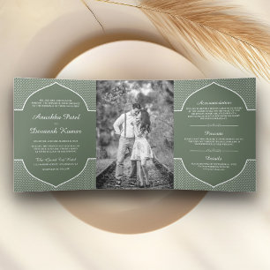 Invitación Tríptica Boda Étnica India Verde Sage Boho Rústica con Arco