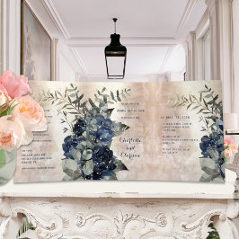 Invitación Tríptica Boda Eucalyptus de la Marina de Oro de Champagne