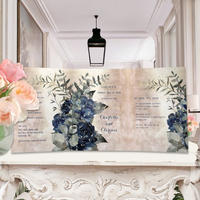 Invitación Tríptica Boda Eucalyptus de la Marina de Oro de Champagne (Subido por el creador)
