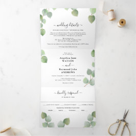 Invitación Tríptica Boda Eucalyptus Greenery y Gold Classic