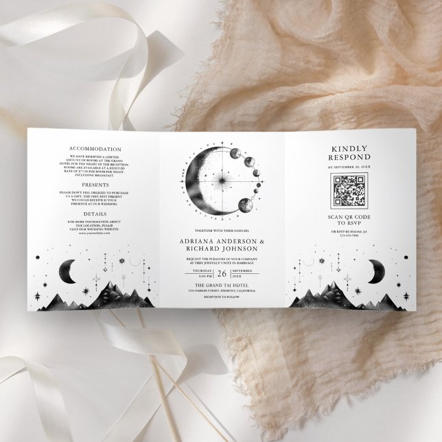 Invitación Tríptica Boda Fases de Luna Creciente Negro Blanco Celestia (Subido por el creador)