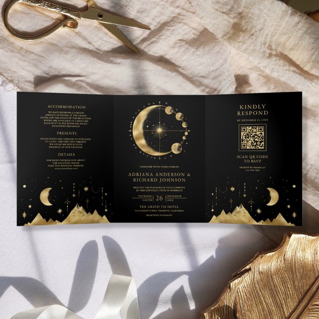 Invitación Tríptica Boda Fases de Luna Crescente Negro Celestial (Subido por el creador)