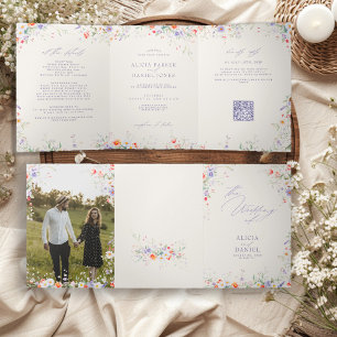 Invitación Tríptica Boda floral acuarela boho todo en uno RSVP QR