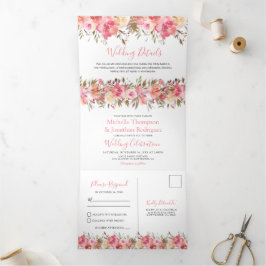 Invitación Tríptica Boda floral acuarela rosa todo en uno