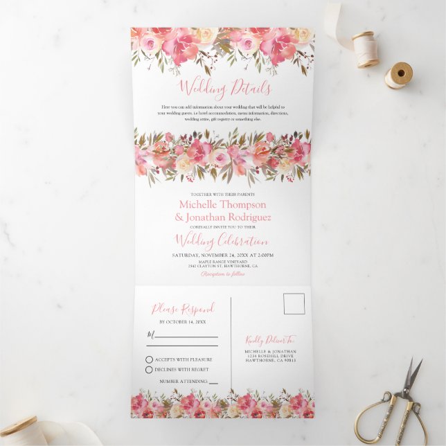 Invitación Tríptica Boda floral acuarela rosa todo en uno (Interior)