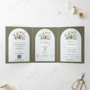 Invitación Tríptica Boda floral acuarela verde oliva caqui