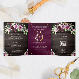 Invitación Tríptica Boda Floral Ampersand Madera Ciruela Rosa Púrpura