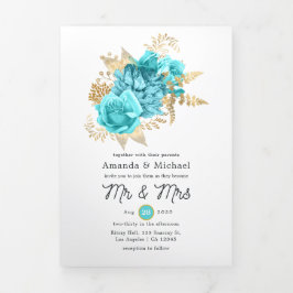 Invitación Tríptica Boda floral Aqua Blue and Gold Foto
