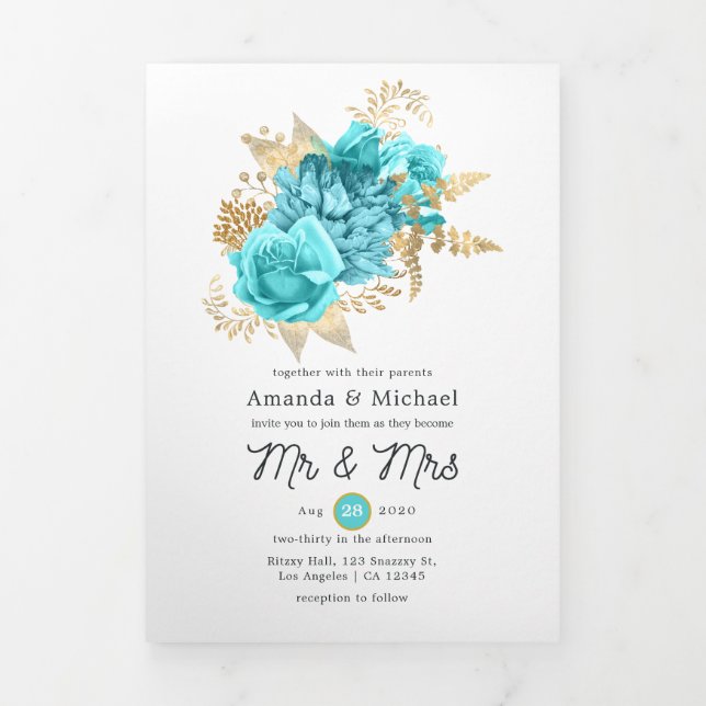 Invitación Tríptica Boda floral Aqua Blue and Gold Foto (Foto de portada)