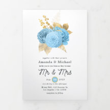 Boda floral Aqua Blue and Gold Foto Tri-Fold I