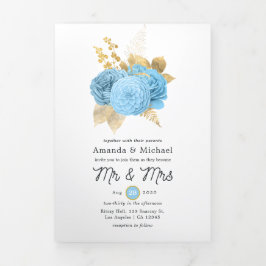 Invitación Tríptica Boda floral Aqua Blue and Gold Foto Tri-Fold I