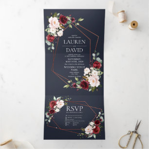Invitación Tríptica Boda Floral Azul Borgoña Geométrica de Cobre