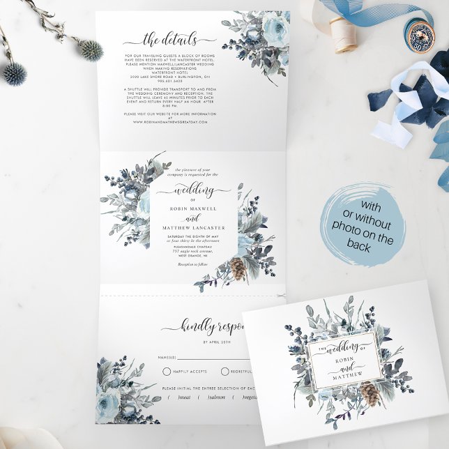 Invitación Tríptica Boda floral azul con RSVP todo en uno (Subido por el creador)