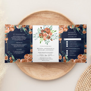 Invitación Tríptica Boda Floral Azul Marino Naranja Tostada Terrosa