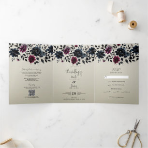 Invitación Tríptica Boda floral azul medianoche Borgoña tinta almendra