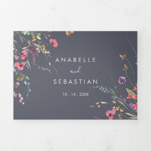Invitación Tríptica Boda Floral azul silvestre clásico