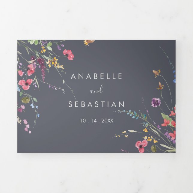 Invitación Tríptica Boda Floral azul silvestre clásico (Foto de portada)